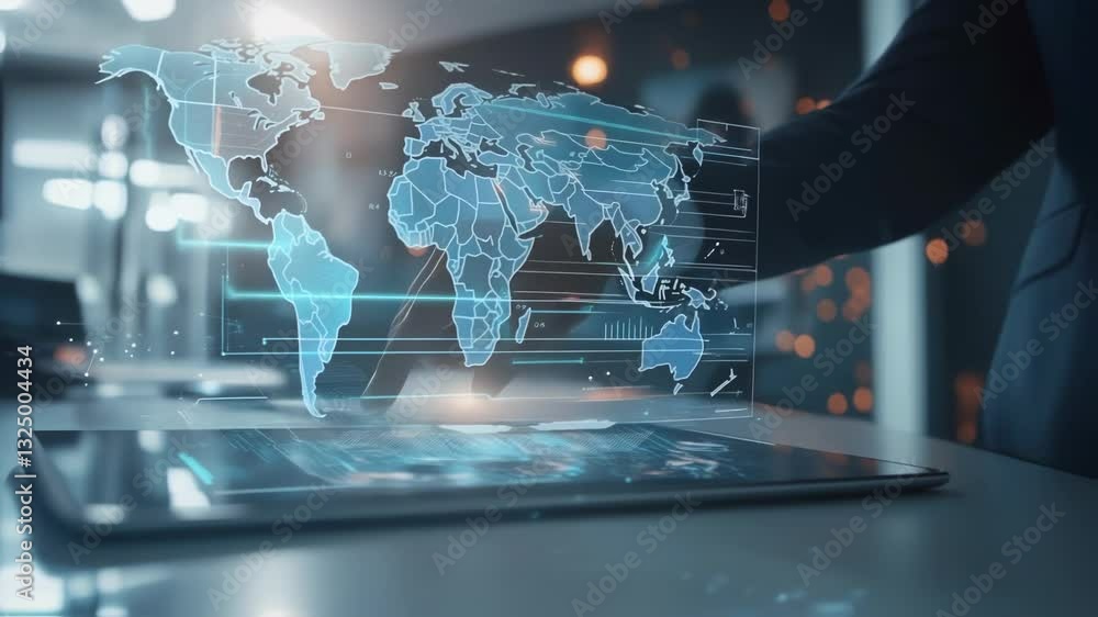 Poster futuristic office setting showcases businessman manipulating holographic projections on a digital ta