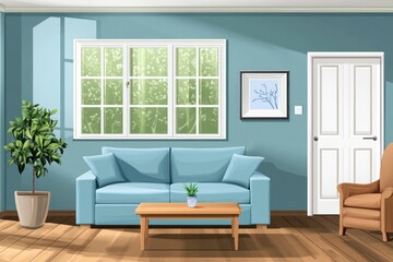 Sunny living room with blue sofa, armchair, and plants.