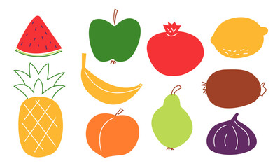 Naive doodle illustration of fruits. Collection with watermelon, apple, pear, lemon, banana, fig, kiwi. Organic peach and pineapple. Vector isolated on white background