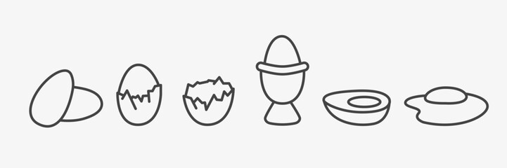 Set of egg line icons. Whole and broken, boiled and fried chicken eggs. Breakfast food. Hand drawn outline symbols. Vector illustation