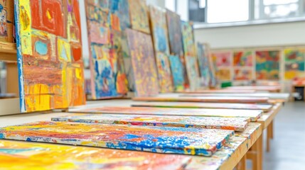 Naklejka premium Vibrant Paintings Displayed on Tables in Art Studio Environment