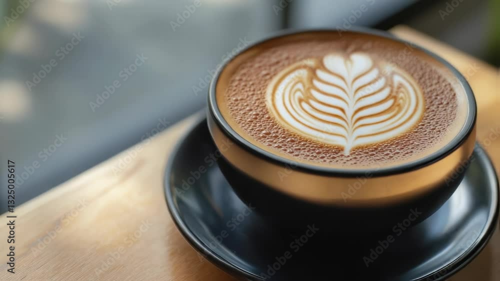 Poster sunlight warmly illuminating delicate latte art pattern spreading across creamy coffee surface resti