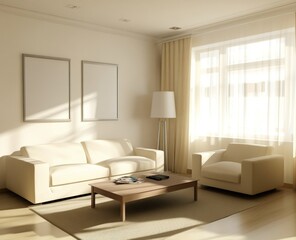 Sunny living room with cream sofa, armchair, and coffee table.