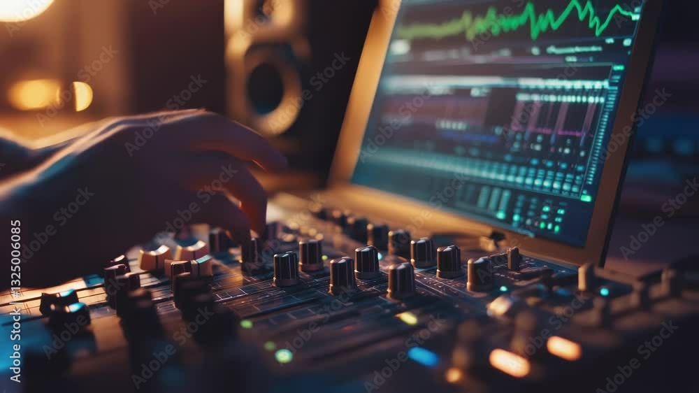 Poster close up of hands adjusting knobs and sliders on a professional audio mixer, while a computer screen