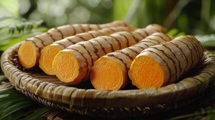 Obraz premium Fresh Turmeric Roots in Wicker Basket, Tropical Background