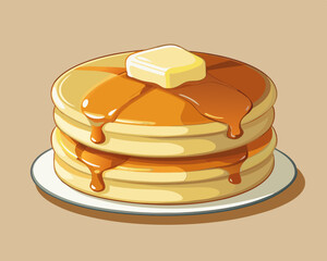 stack of fluffy pancakes with syrup and butter, on a light cream background.