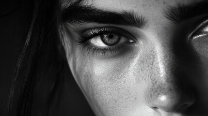 Fototapeta premium Close-up of a person's eye, showcasing detailed features and textures in black and white.
