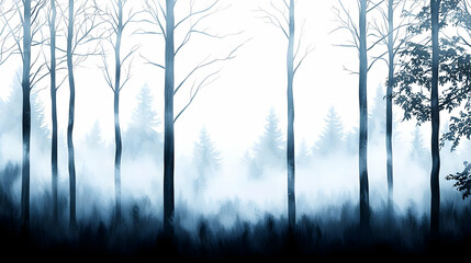 Blue Hued Misty Forest Scene With Trees and Hazy Fog in a Peaceful Landscape