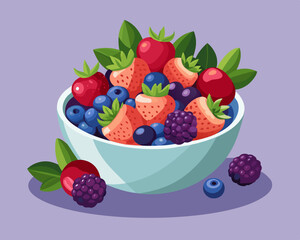 bowl of mixed berries including blueberries, raspberries, and blackberries, on a lavender background.