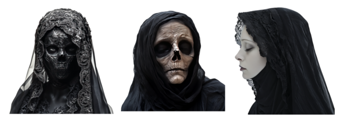 Intricate Dark Figures in Veils Symbolizing Mortality and Mystery, PNG bundle collection, Isolated on Transparent Background