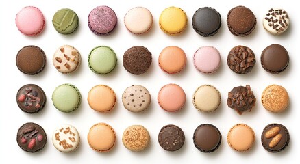 A delightful assortment of colorful macarons, arranged in neat rows.  Each pastry displays unique and intricate detailing.