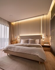 A cozy yet modern bedroom with soft neutral tones, a plush bed, and minimalist furniture. The room is illuminated by accent lighting, creating a serene and inviting atmosphere that emphasizes comfort 