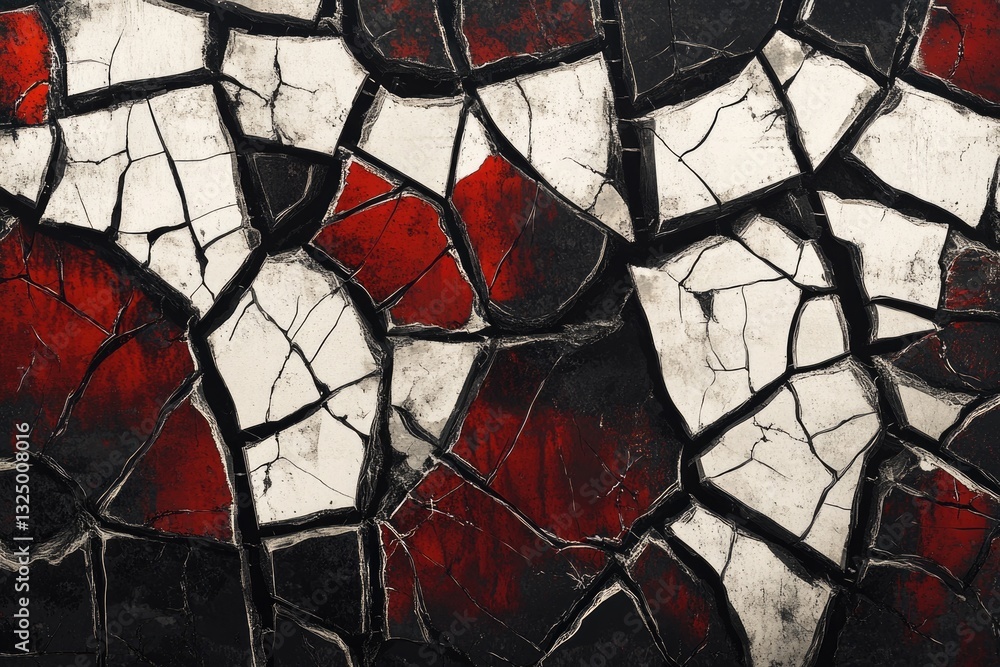 Poster abstract art depicting cracked surface with red, white, and black colors creating a fragmented mosai