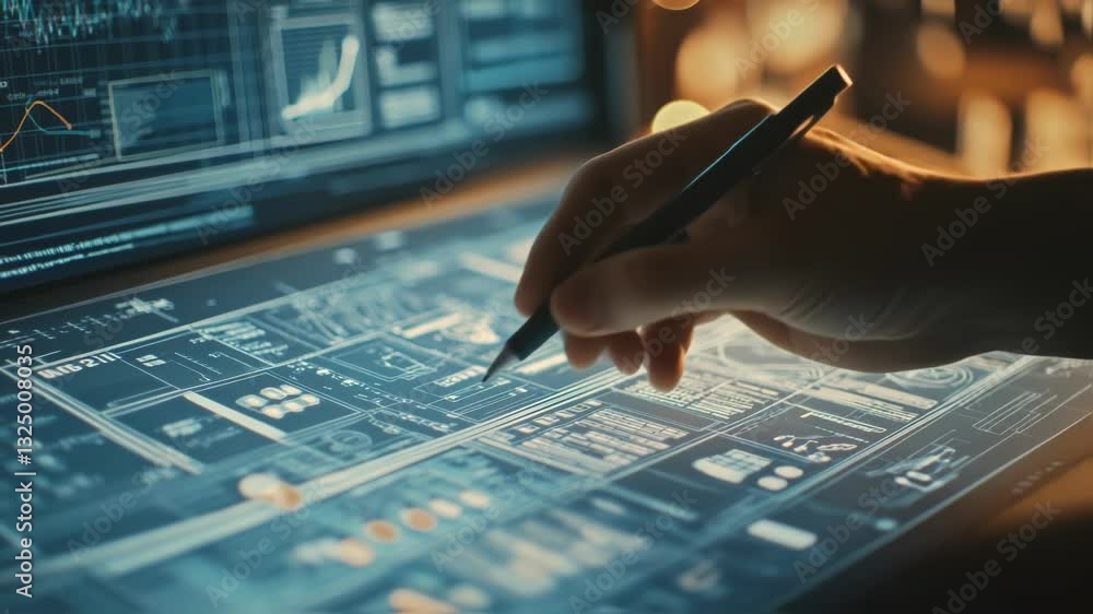 Poster software engineer working on a futuristic transparent display with augmented reality using a stylus,