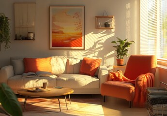 Sunny living room with orange accents, sofa, armchair, and plants.