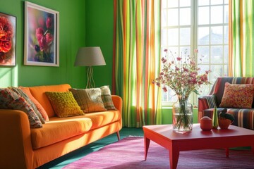 Sunny living room with orange sofa, colorful curtains, and vibrant decor.