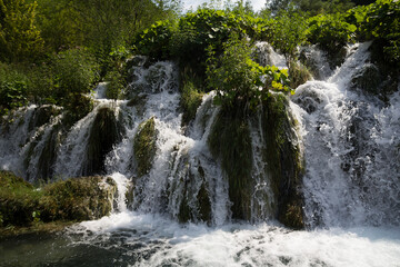 Fototapeta premium A tranquil view of the small waterfalls at Plitvice Lakes National Park, surrounded by lush greenery.