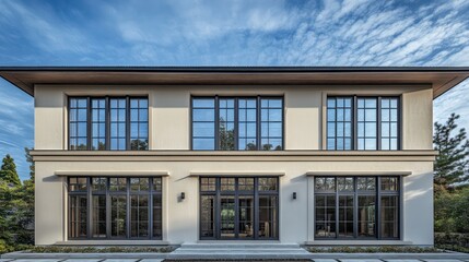 Fototapeta premium A luxurious two-story modern home with ivory walls and slate gray windows, featuring Japanese architecture and a wooden exterior under a serene steel blue sky