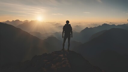 Obraz premium Silhouette a hiker standing a mountain peak sunset, overlooking a vast mountain range.