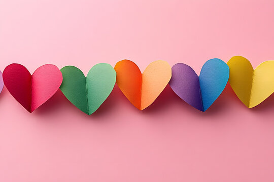 A flat lay top view of LGBT pride items: a rainbow colored paper hearts, placed on a pastel pink backdrop in line composition