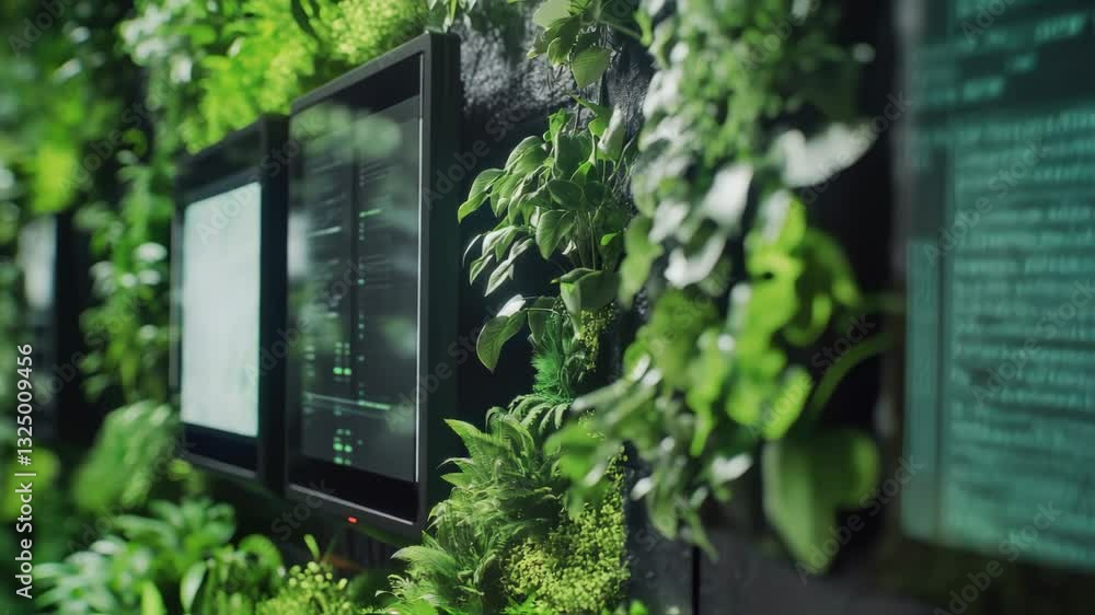 Poster lush green plants surround computer screens displaying lines of code, creating a harmonious blend of