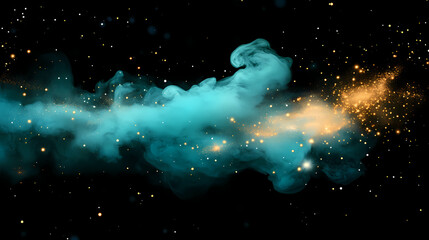 Teal smoke with gold sparks on black background. Nebula Sparks. Illustration