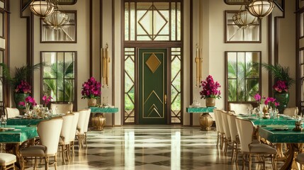 Fototapeta premium A magnificent entrance hall echoing Art Deco grandeur, with geometric decorations in emerald and brushed bronze