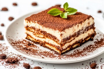 A decadent layered dessert featuring distinct layers of creamy filling and cocoa powder. Fresh basil adds a touch of color and freshness, enhancing the visual appeal