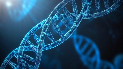 DNA double helix structure glowing blue against a black background