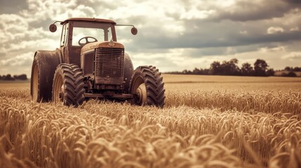 Obraz premium A vintage tractor sits in a golden wheat field at daytime