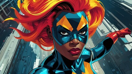 A confident African American female superhero glides through the sky above tall buildings showcasing her vibrant costume and fierce expression embodying courage and heroism