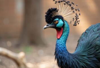 Fototapeta premium A vibrant peacock displaying its colorful plumage in a natural setting