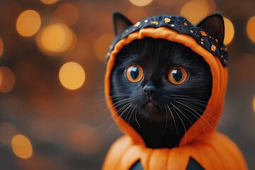 Cute black cat dressed in pumpkin costume surrounded by warm Halloween lights. Cat wears orange pumpkin style hood, staring curiously at camera ready for Halloween celebration, festive atmosphere