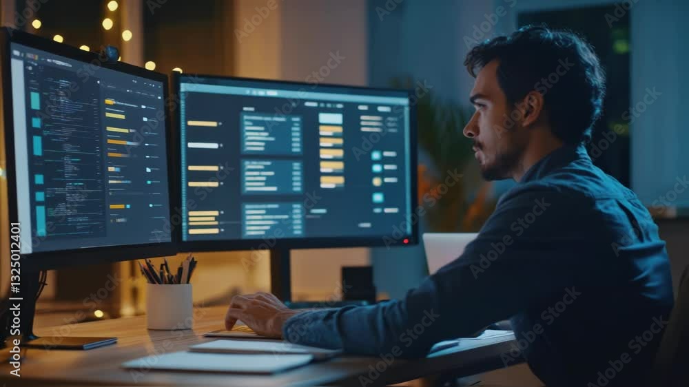 Aufkleber professional software developer focusing on complex coding project, working intently at dual monitor