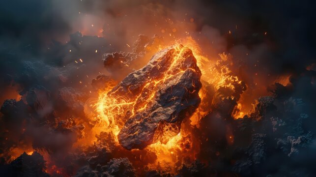 An erupting volcanic rock glowing with intense and fiery light