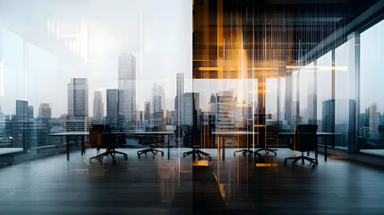 Modern Office Interior With Cityscape View Through Panoramic Windows Double Exposure Effect With Abstract Orange And Grey Lines Technology And