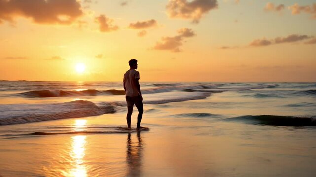 man walking on the beach at sunset video, young man walking on the beach video, young man walking on the beach at sunrise video, man at beach video, man walking at beach video, ai generated