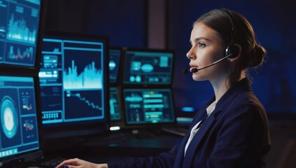 A dedicated woman wearing a headset is focused on analyzing financial data displayed on multiple computer screens in a dimly lit control room at night