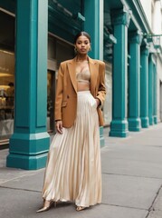 A woman stands elegantly on a city street, showcasing a chic combination of a cropped top, flowing skirt, and blazer. She embodies modern fashion in a vibrant urban backdrop