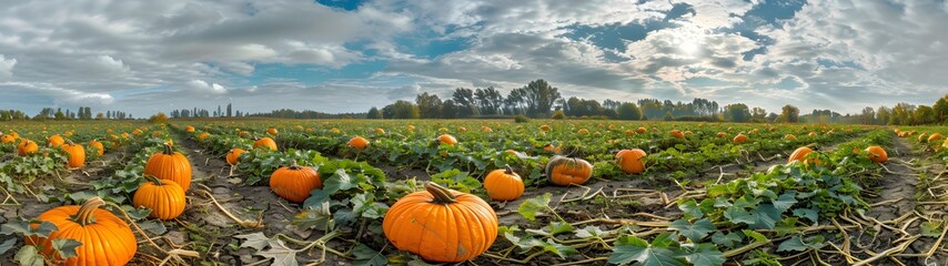 Pumpkin patch with vibrant orange pumpkins under a partly cloudy sky