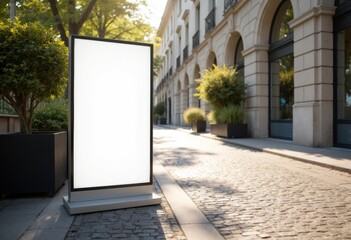 Blank advertising space on a city street with greenery and cobblestone