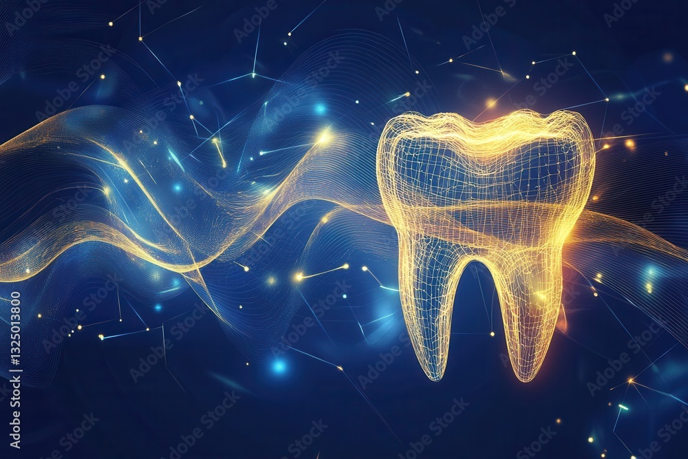 Poster glowing golden waves represent the healing process of dental implants with futuristic light streaks 