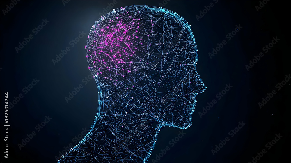 Poster abstract digital brain composed of glowing blue and purple particles on a dark background representi