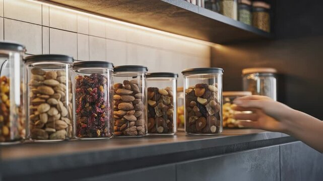 Woman selects a jar of mixed nuts and dried fruits from a pantry shelf filled with various glass jars containing almonds, berries, and other snacks
