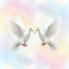 Fototapeta premium Two white doves holding wedding rings in their beaks against a soft, pastel background.