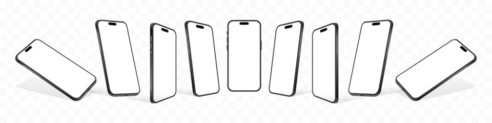 High-Quality Realistic Smartphone Mockup: 3D Mobile Phone Vector with Front, Side, and Perspective Views Isolated on White Background for UI and UX Presentations