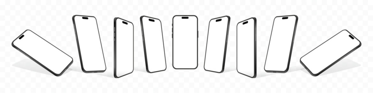 High-Quality Realistic Smartphone Mockup: 3D Mobile Phone Vector with Front, Side, and Perspective Views Isolated on White Background for UI and UX Presentations