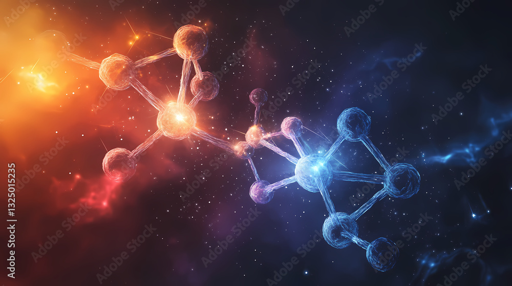 Wall mural abstract molecule structure reacting and glowing in colorful nebula clouds, generating energy and sp
