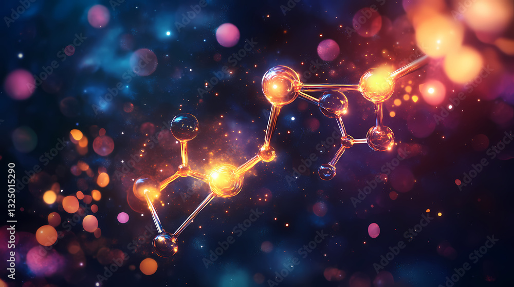 Wall mural abstract molecule structure reacting and glowing in colorful nebula clouds, generating energy and sp