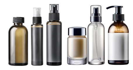 Assorted Cosmetic Bottles in Various Shapes and Sizes for Skincare, PNG bundle collection, Isolated on Transparent Background